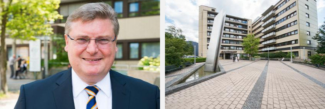 Links: Bankvorstand Thomas Siebenaller, Rechts: Ein Blick auf das Klinikum Kulmbach.