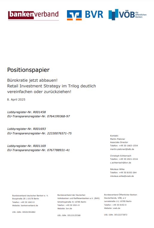 Positionspapier Bürokratie jetzt abbauen! Retail Investment Strategy im Trilog deutlich vereinfachen oder zurückziehen!